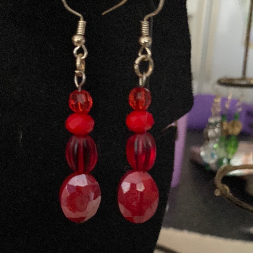 Red Red And Red Beaded Dangle Earrings Red Red And Red Beaded Dangle Earrings